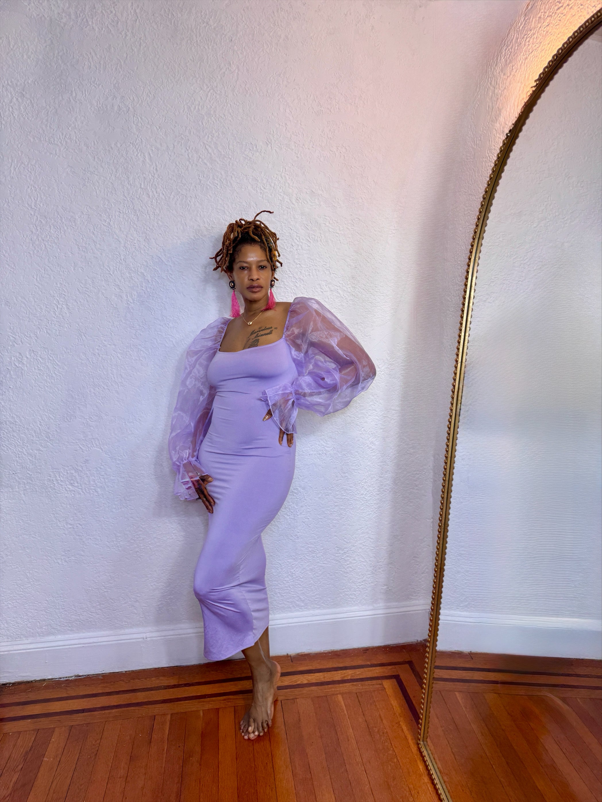 Lavender Whisper Organza Sleeve Midi Dress