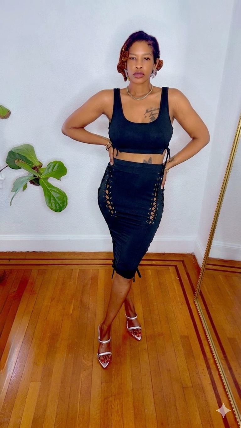 Black Swan Lace Dress in black — black-swan-lace-dress-front-view  showing lace-up side detailing and body-hugging midi length from Monologue Closets