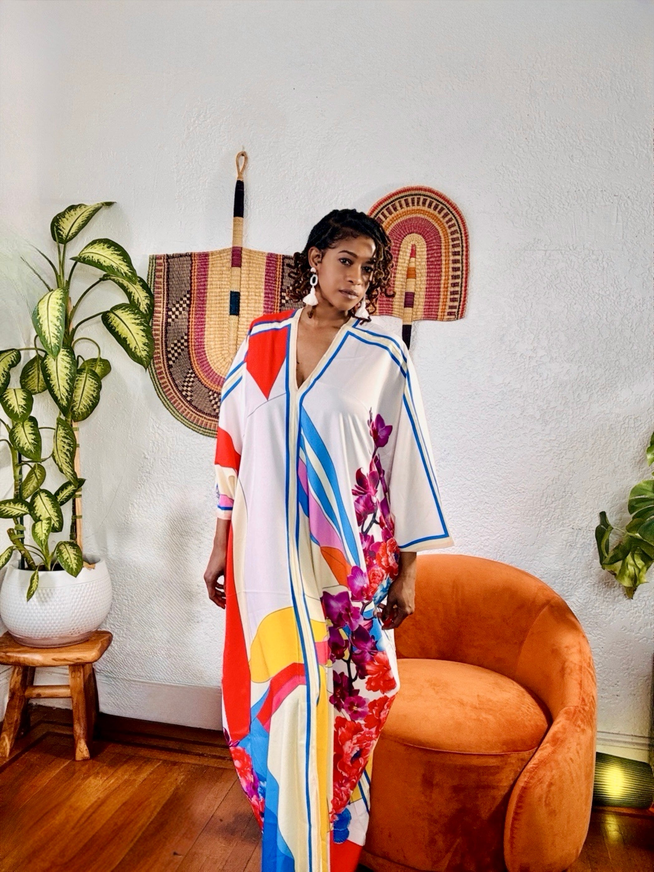 Front view of the Bloom Kaftan showing flowy silhouette and relaxed fit.