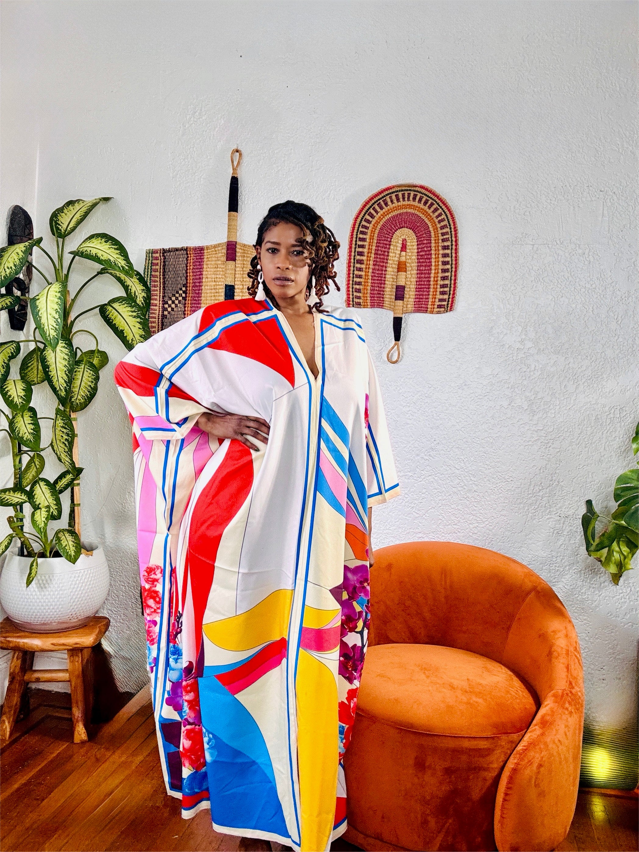 Full-length photo of the Bloom Kaftan styled for a casual yet elegant look.