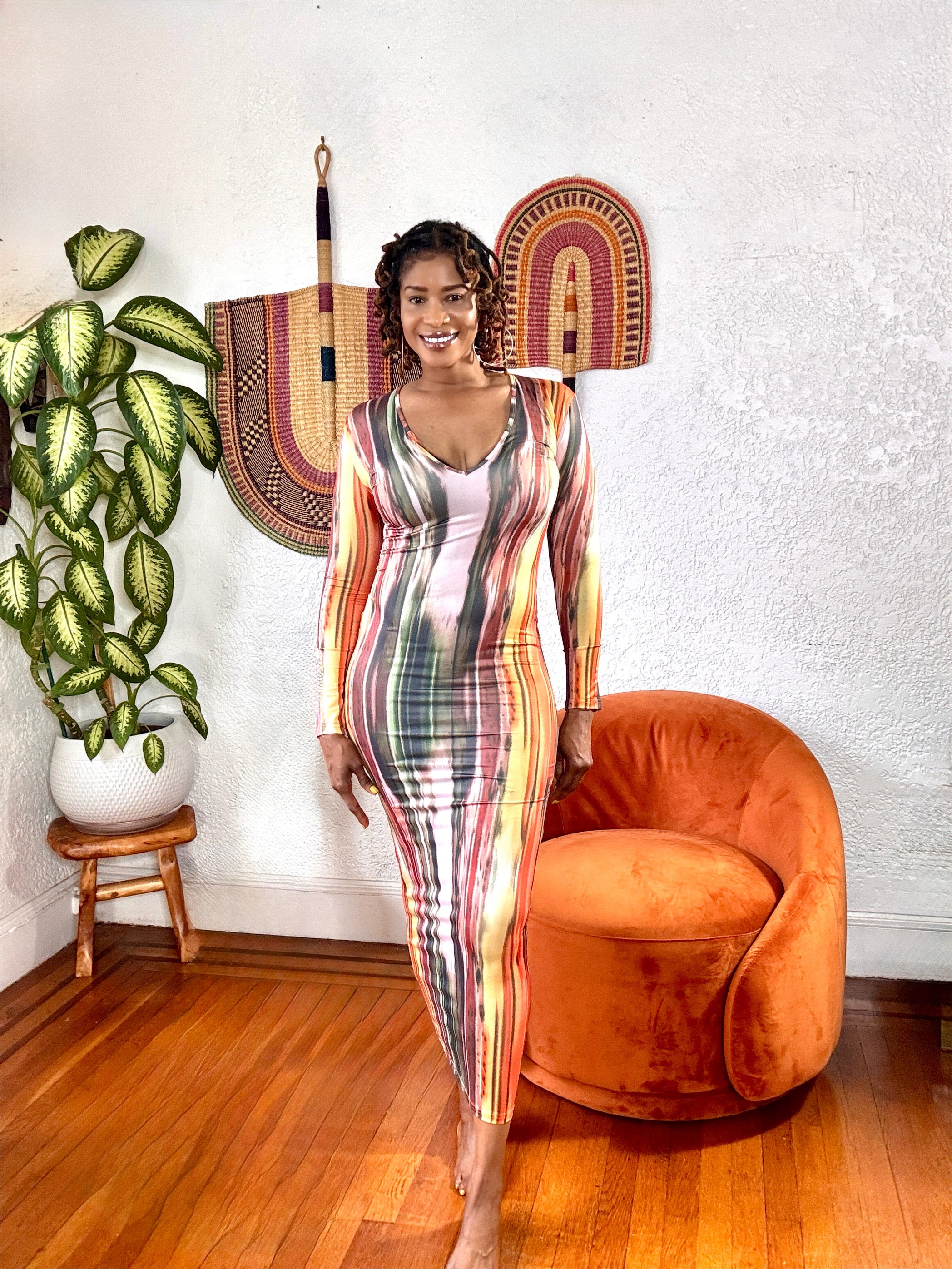 Full-body view highlighting the green, purple, and pink brushstroke pattern with a modern, artistic vibe.