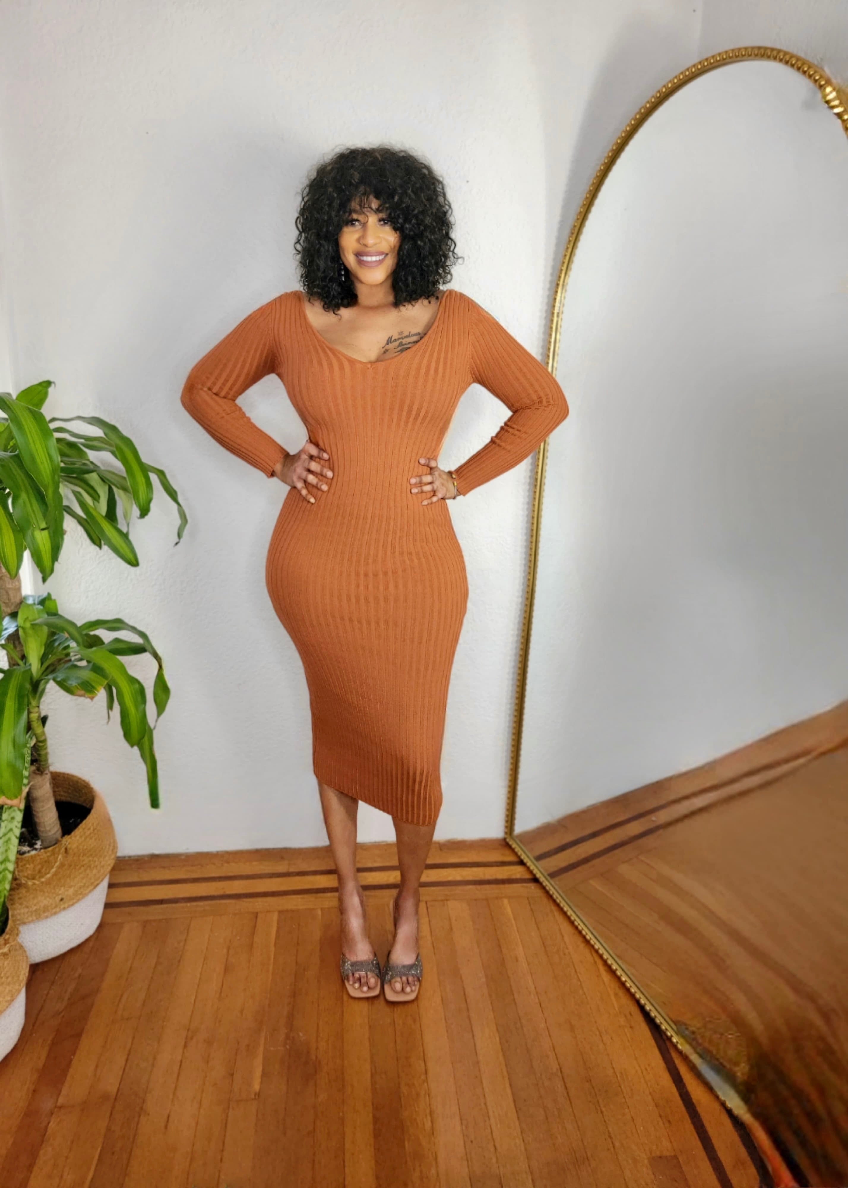 Cinnamon Curve Ribbed Midi Dress 