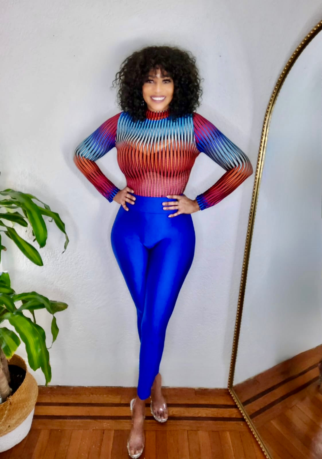 Front view of blue leggings showing ultra-stretch spandex material.