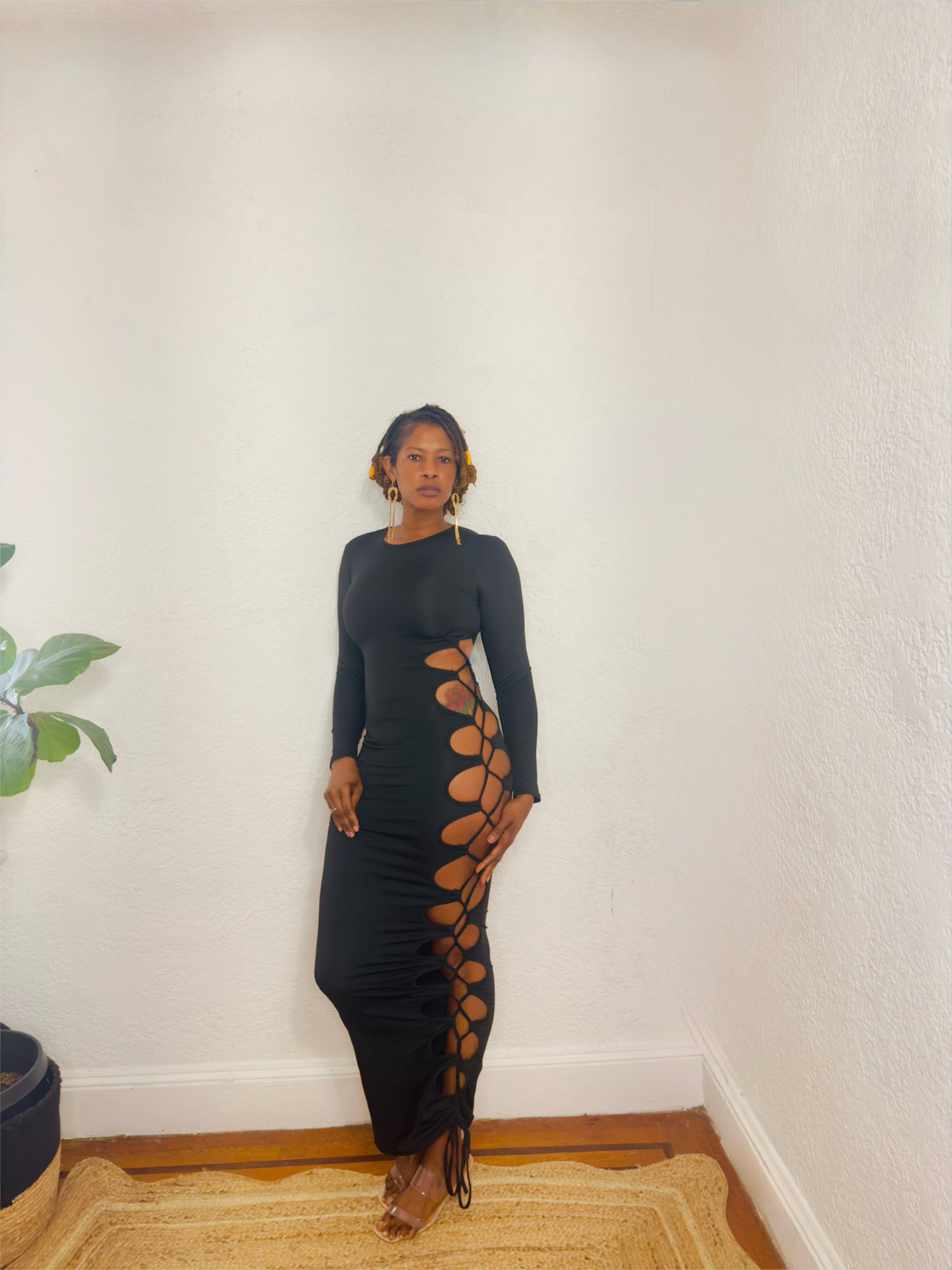 Full-body view of the Danger Curve Cutout Maxi Dress — sleek, figure-hugging silhouette.