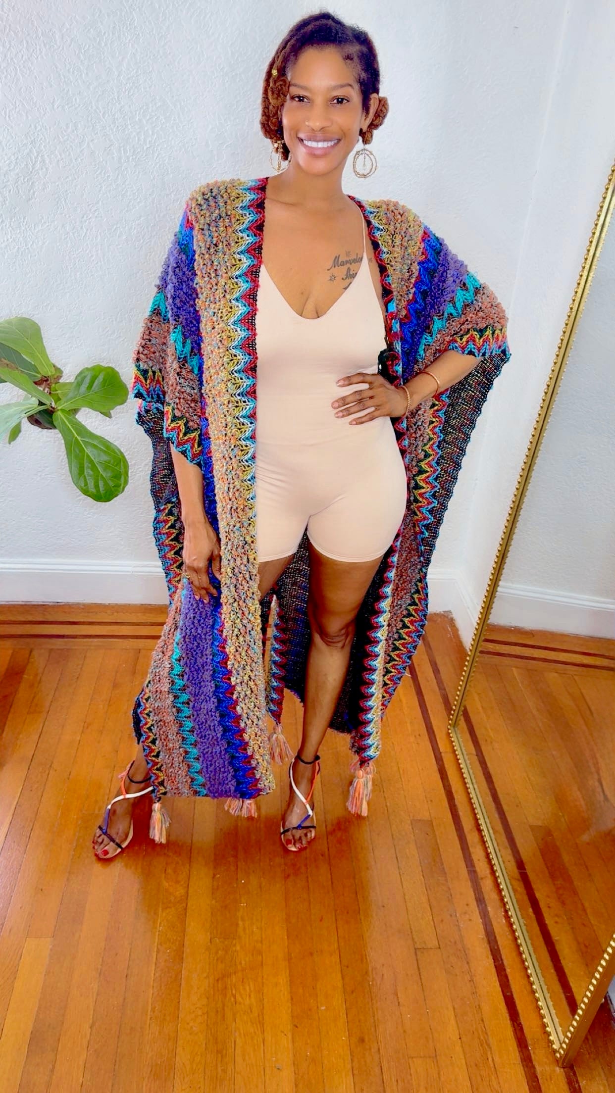 Desert Muse Kimono detail — multicolor zigzag crochet pattern and tassel fringe from Monologue Closets