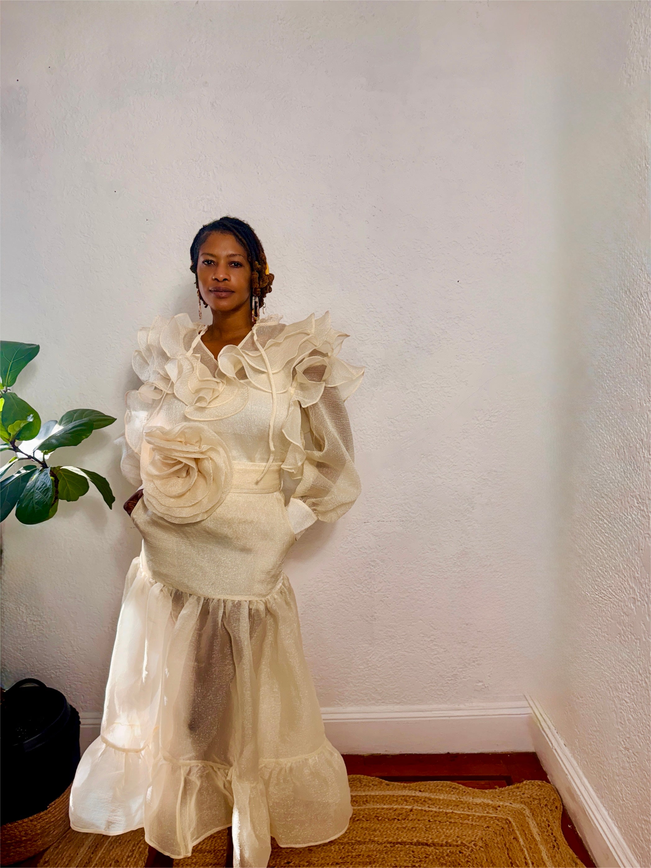 Model posing in the Ethereal Bloom Set, showcasing the soft Lurex-style shimmer.