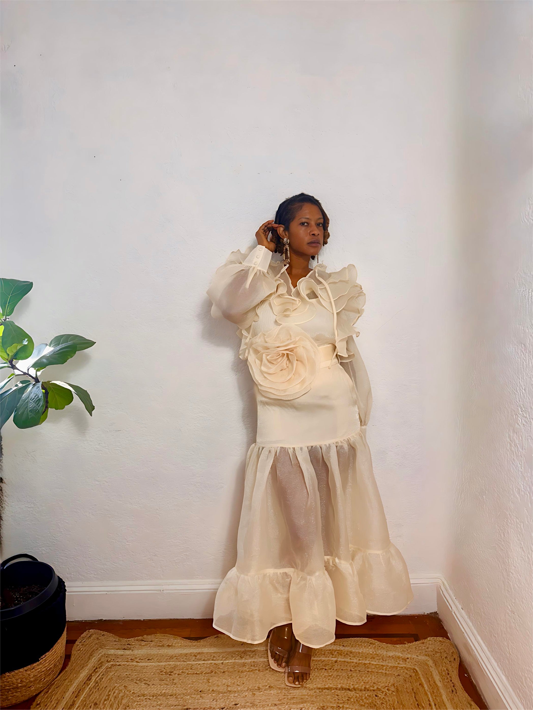 Elegant two-piece French Vanilla ruffle set perfect for weddings and special events.
