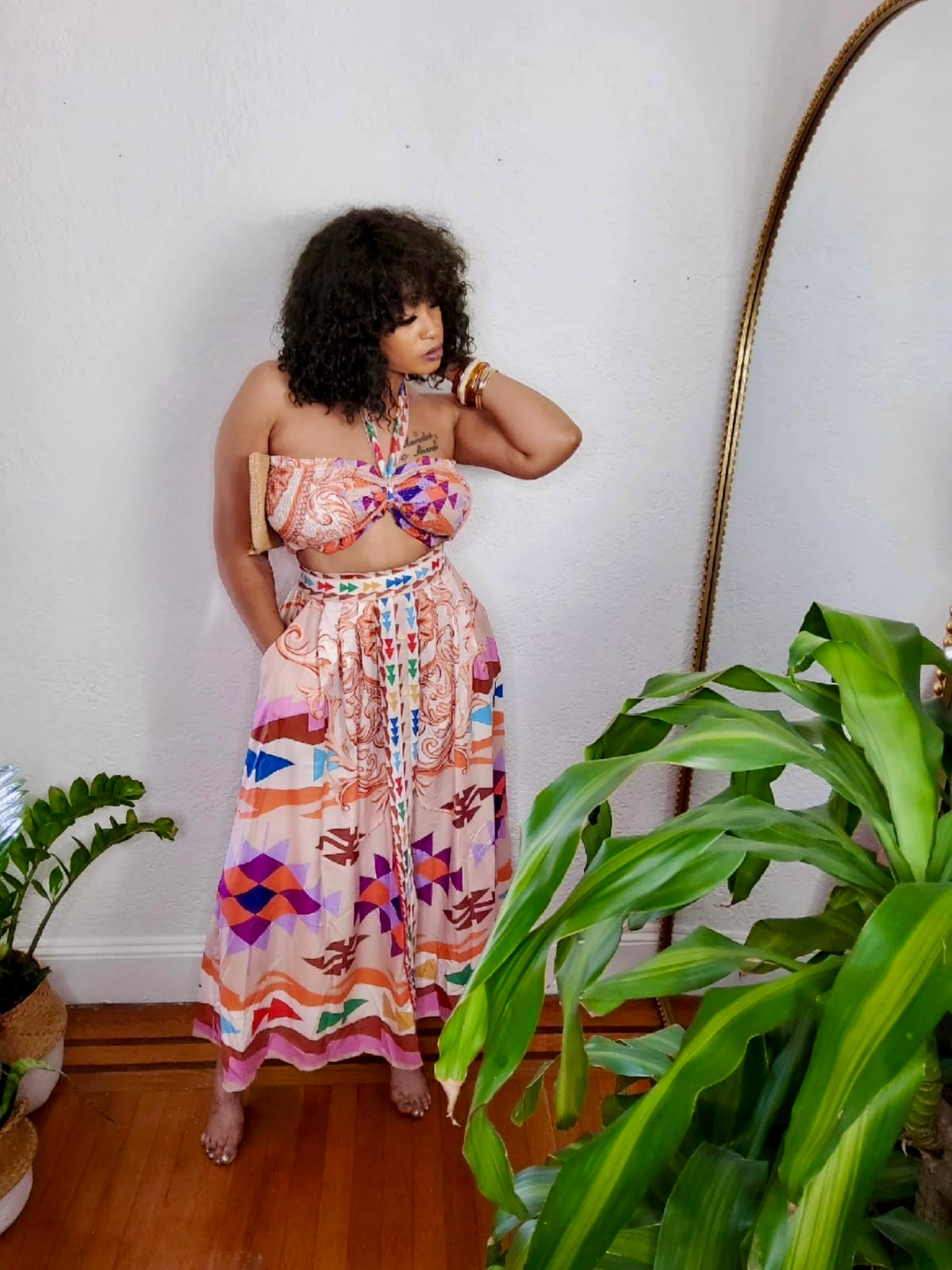 Side view of Heritage Heatwave Set showing flowing fit and resort-chic print.