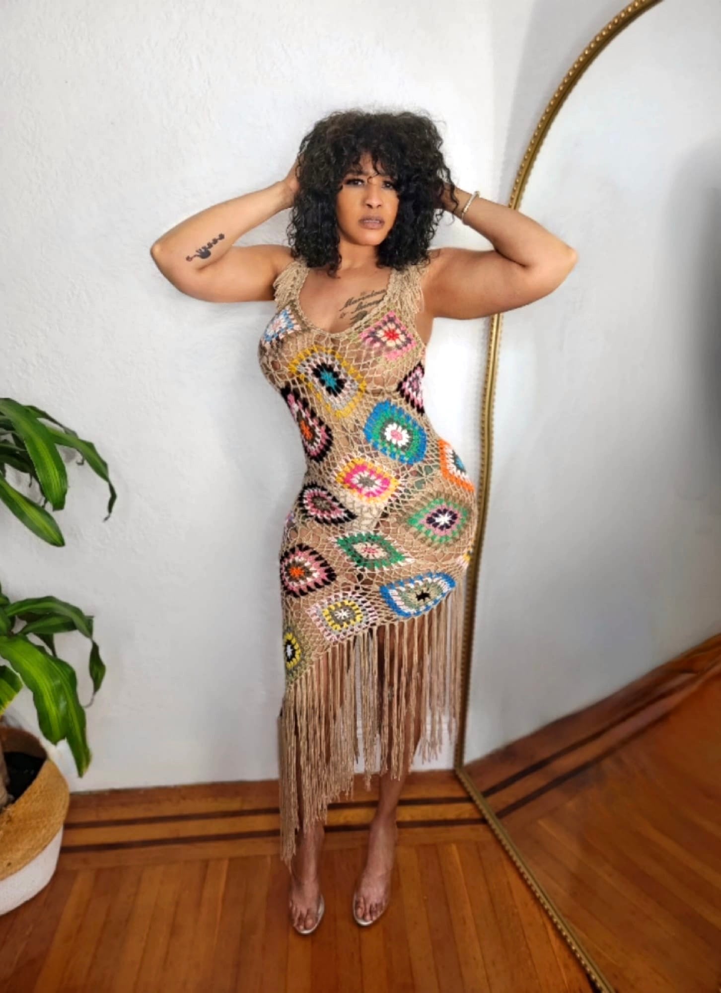  view of the Island Goddess Crochet Dress highlighting the intricate crochet pattern and lightweight design.