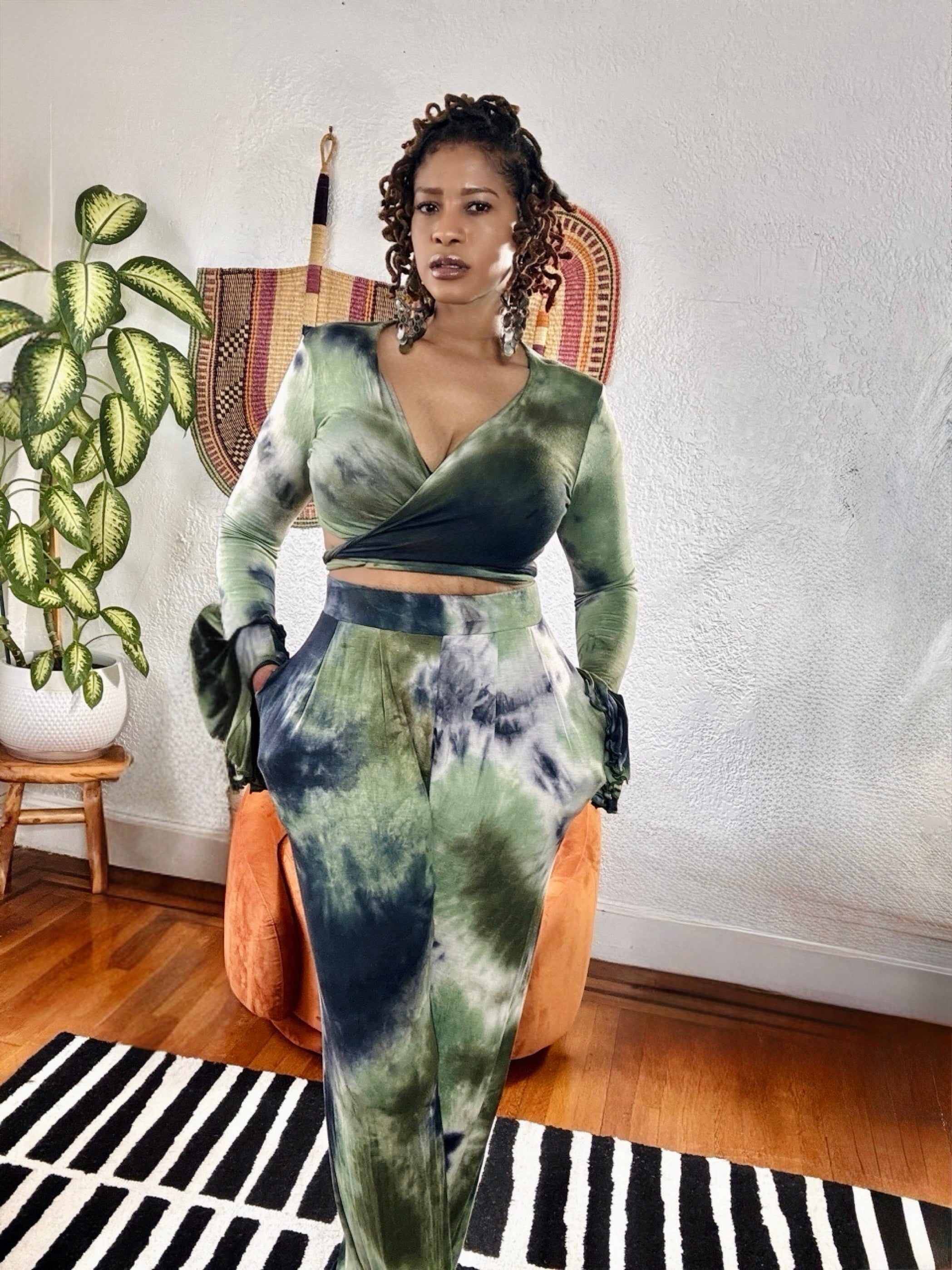 Close-up of the Jungle Aura 2-Piece Set – Tie-Dye Crop Top & Wide-Leg Pants | MonologueClosets showing texture and natural tone details.
