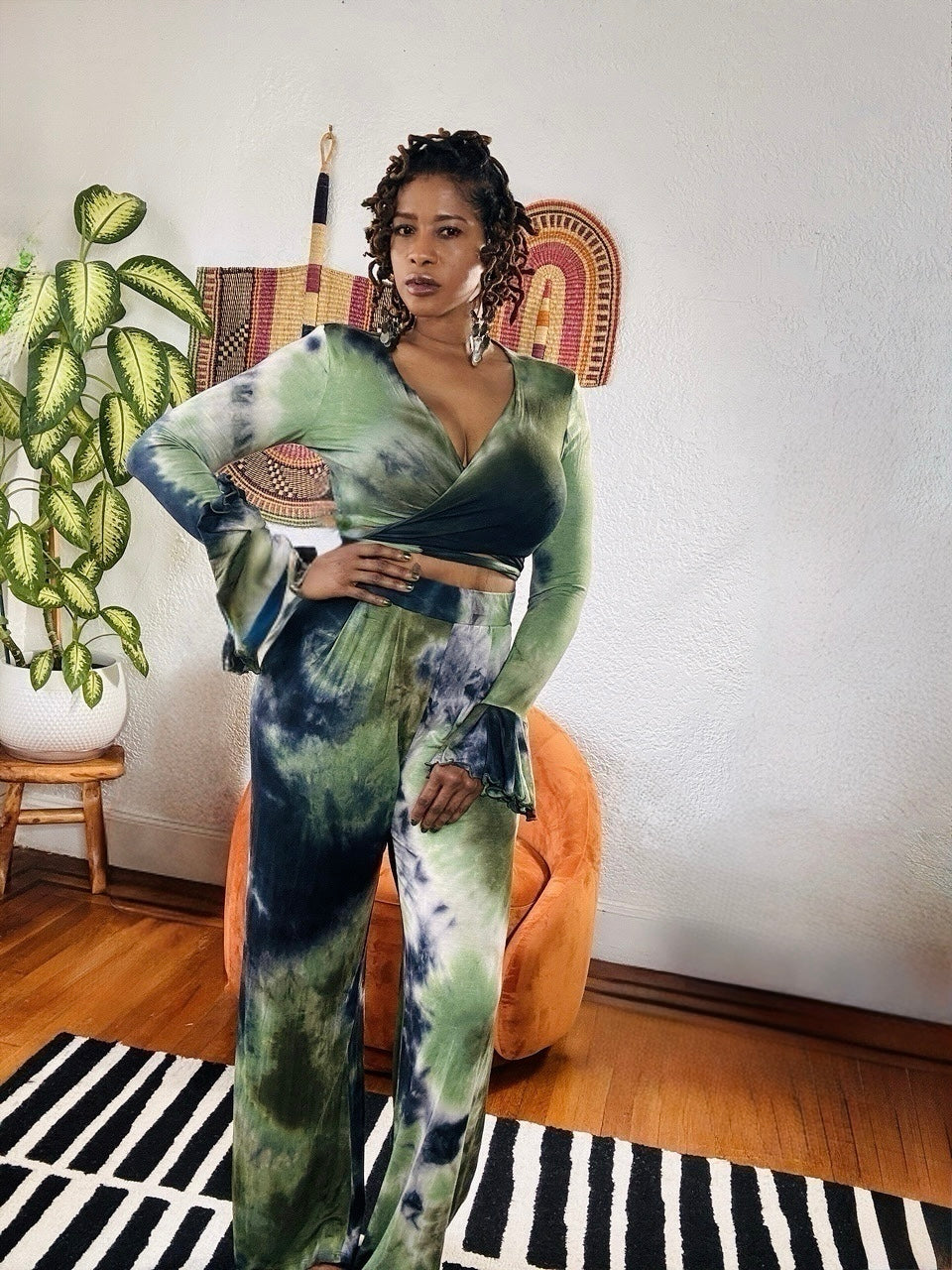 Model wearing jungle Aura 2 - piece set design with soft fabric and wide-legs.