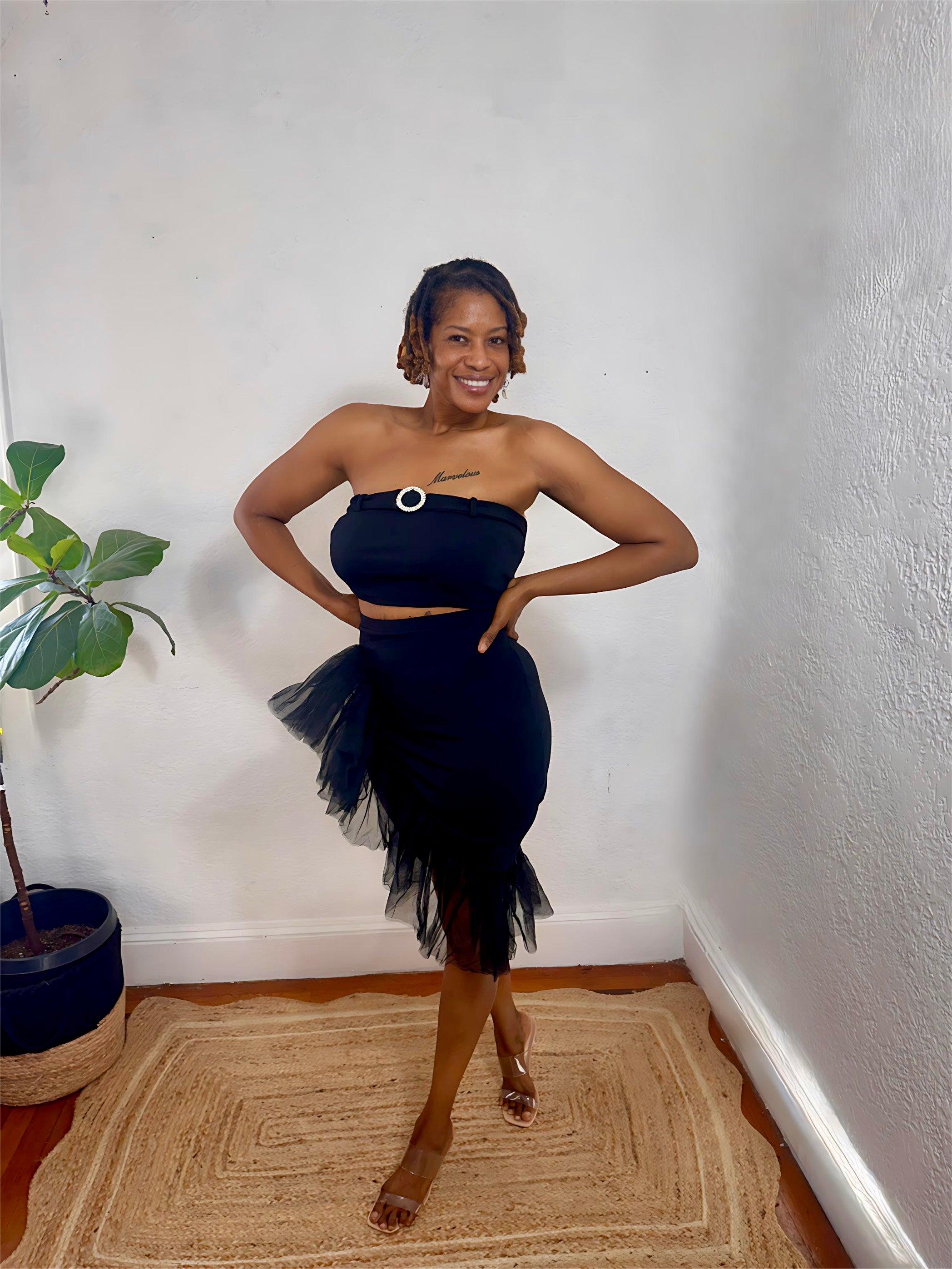 Close-up of the Midnight Flirt Set fabric showing soft stretch texture and tulle layering.