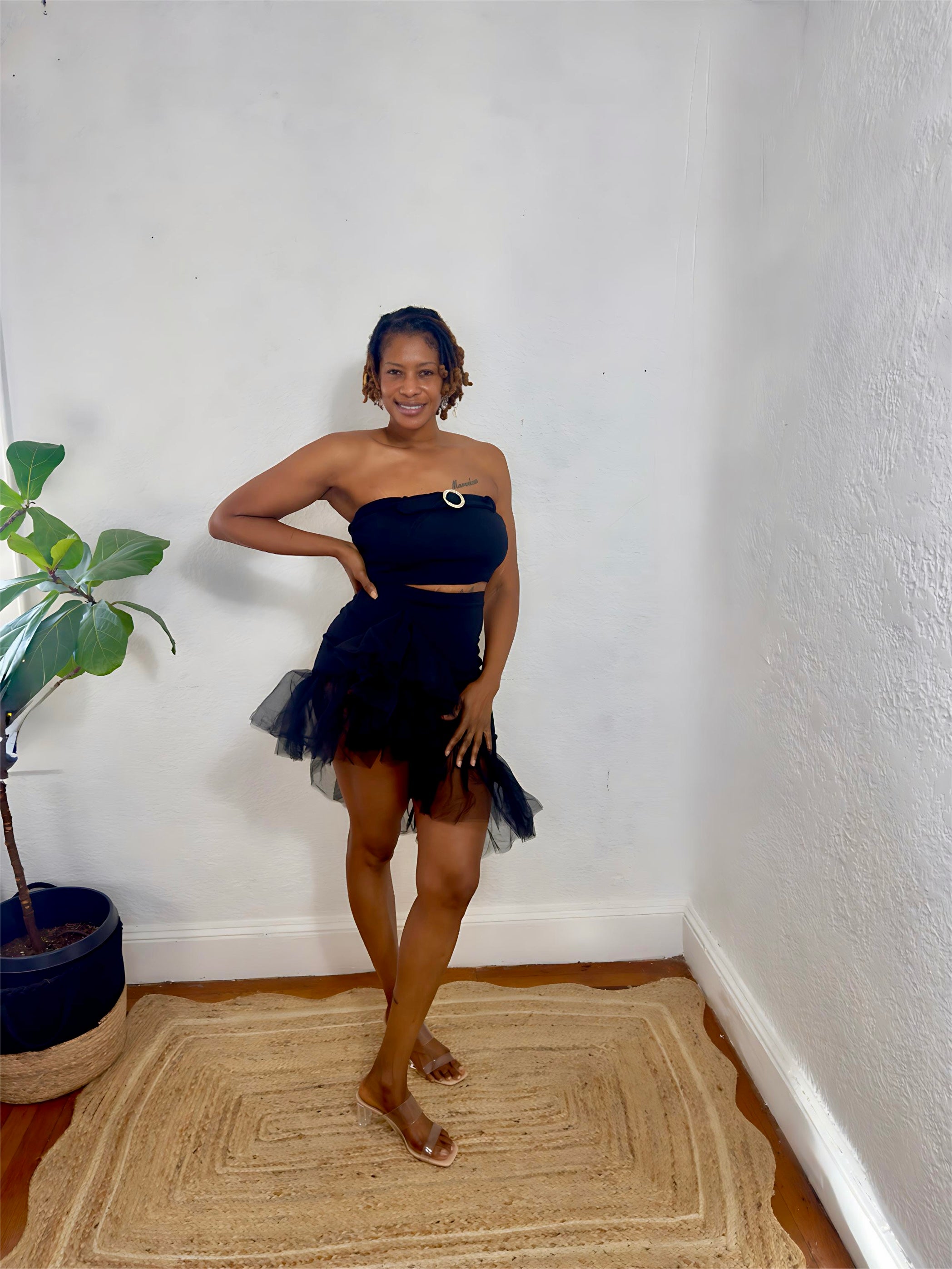 Full-body photo of the Midnight Flirt Set styled with clear heels for an elegant evening look.