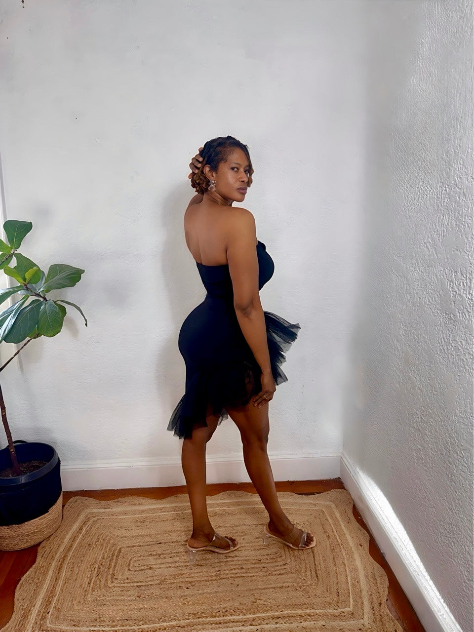 Back view of the Midnight Flirt Set featuring strapless silhouette and tulle movement.