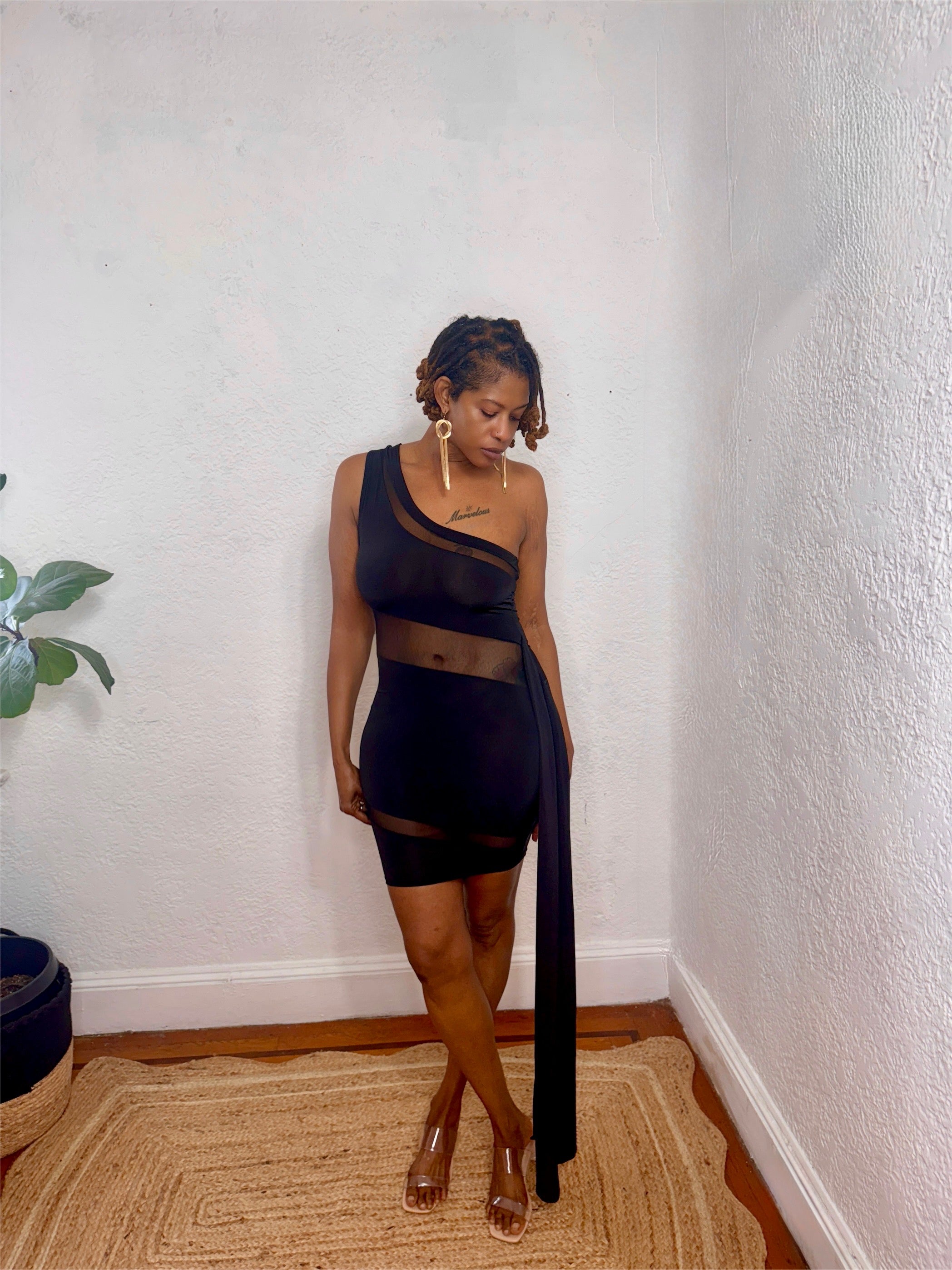 Back view of the Nightfall One-Shoulder Dress showing fitted silhouette and one-shoulder cut.