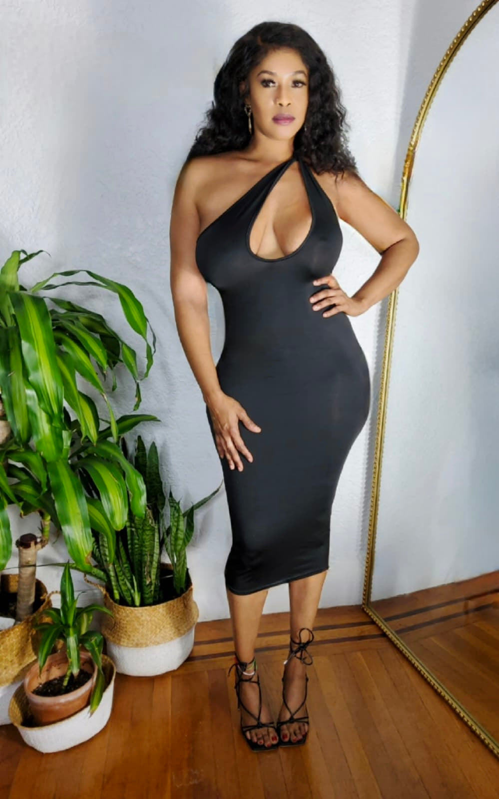 Full-length photo of the Satin Temptress Dress showing curve-hugging fit and luxe texture.