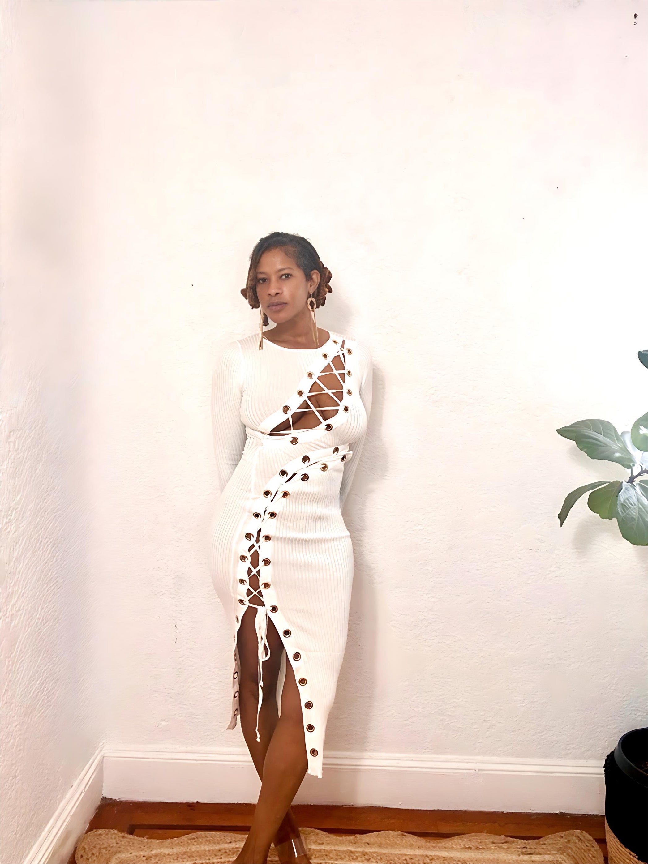 Full-body view of the Twist & Lace Midi Dress showing side lace-up and midi silhouette.”