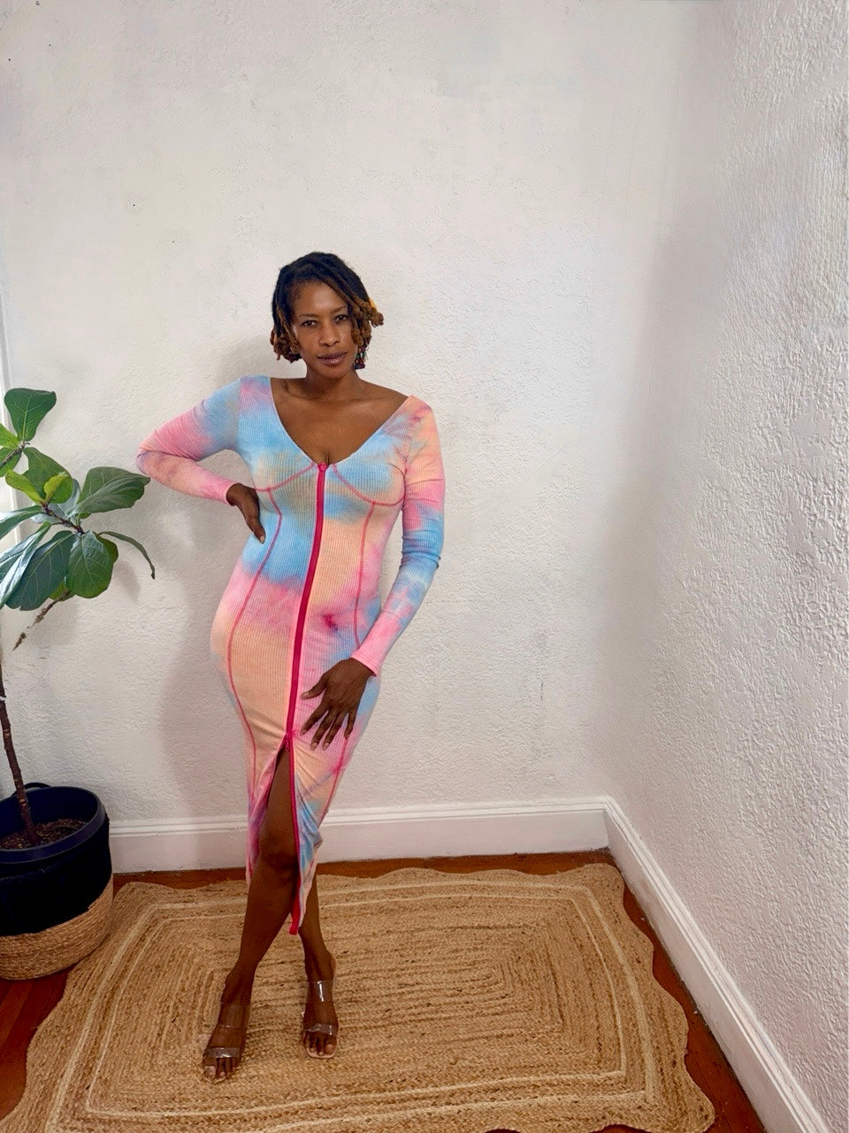 Front view of bodycon ribbed Zipline Curve Dress with front zipper detail.