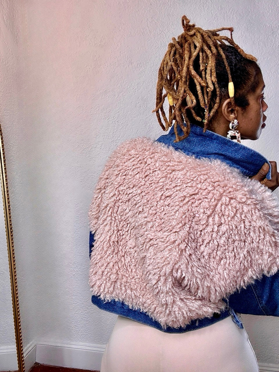 Blush Luxe Faux Fur Denim Jacket back view — soft textured faux shearling and denim detail from Monologue Closets