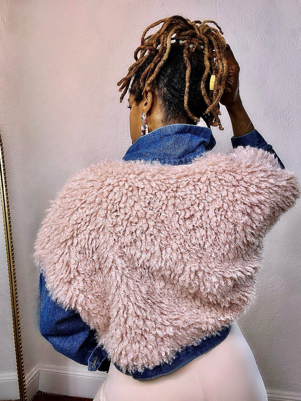 Blush Luxe Faux Fur Denim Jacket back view — soft textured faux shearling and denim detail from Monologue Closets