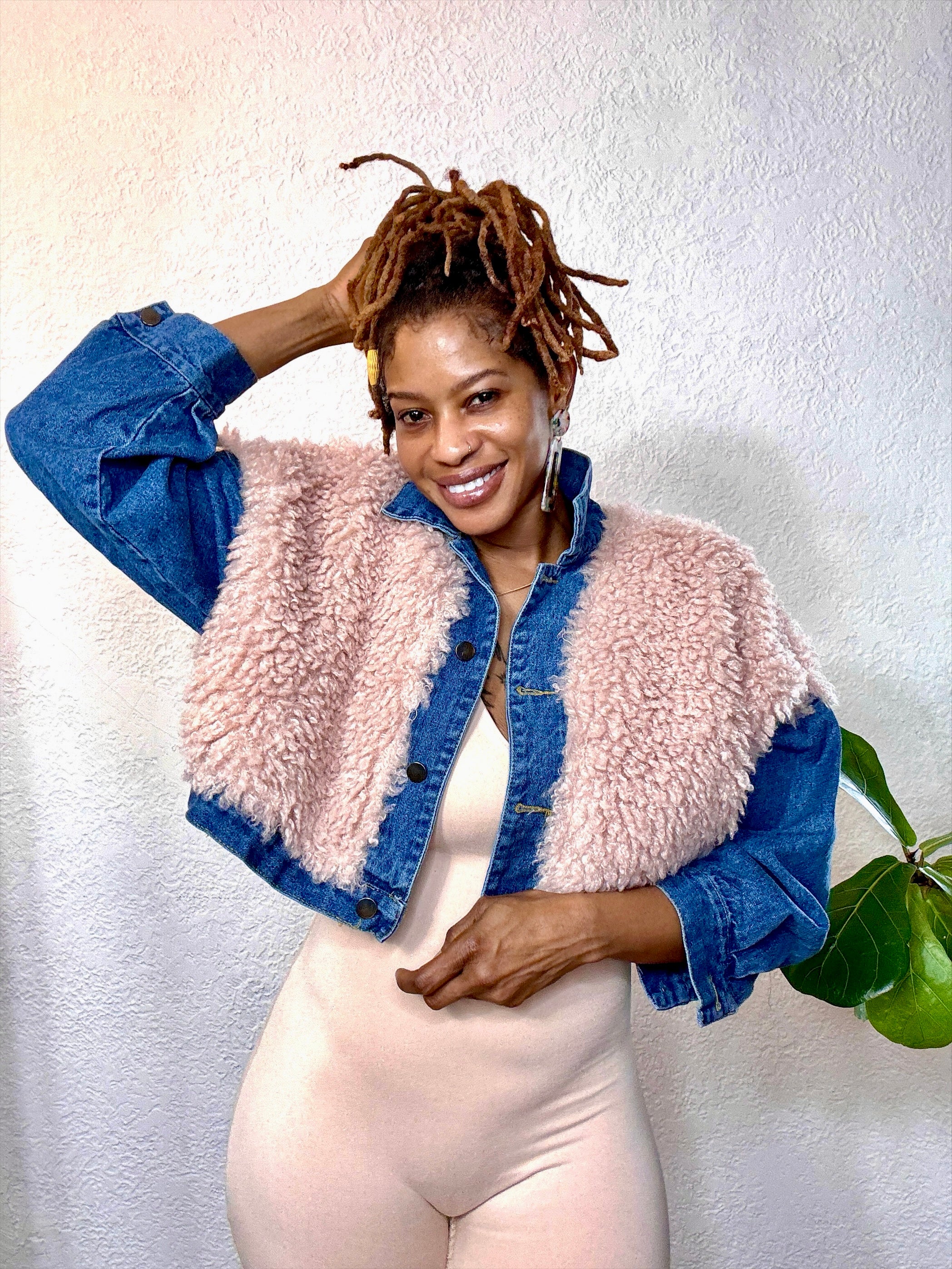 Blush Luxe Faux Fur Denim Jacket back view — soft textured faux shearling and denim detail from Monologue Closets