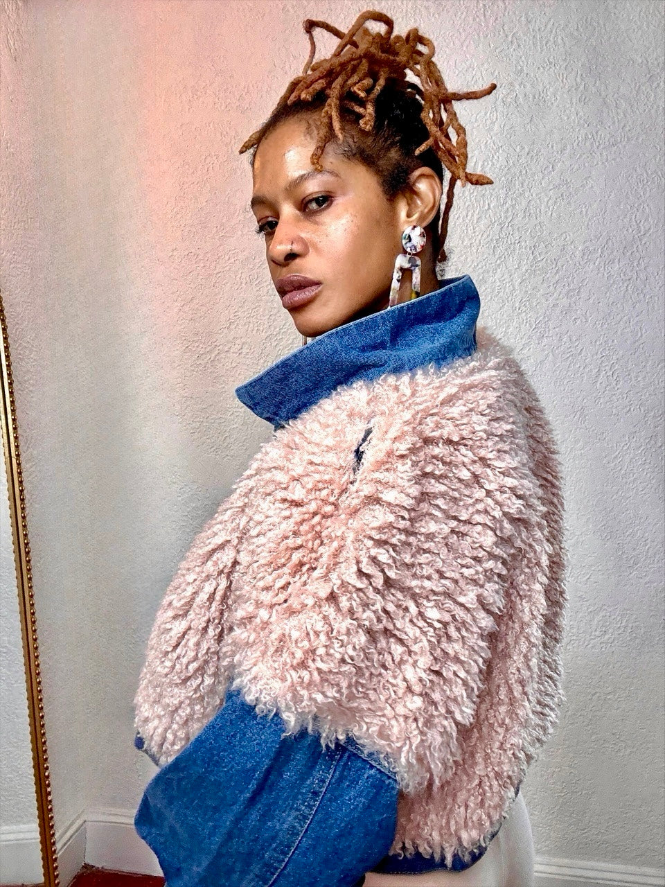 Blush Luxe Faux Fur Denim Jacket back view — soft textured faux shearling and denim detail from Monologue Closets
