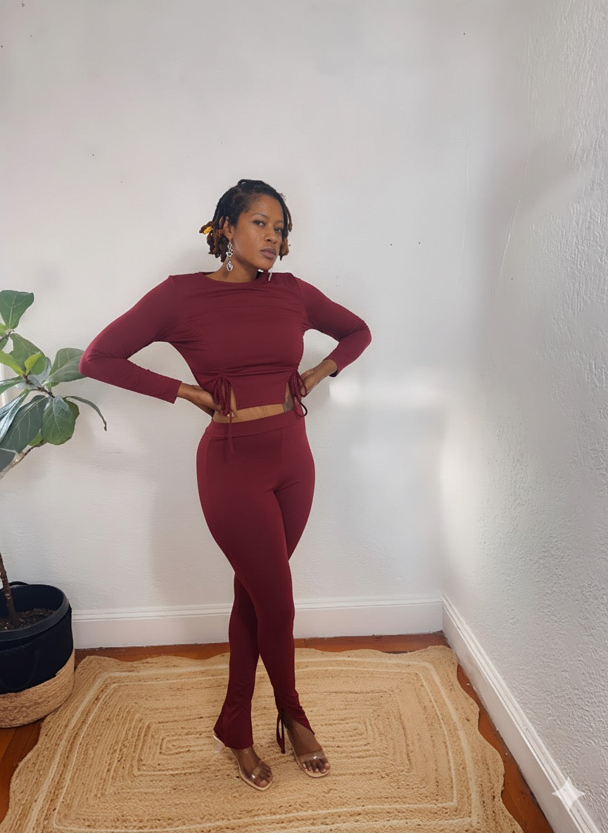 Snatched Silhouette 2-Piece set in burgundy — long sleeve crop top with adjustable cinch and high-waist leggings from MonologueClosets